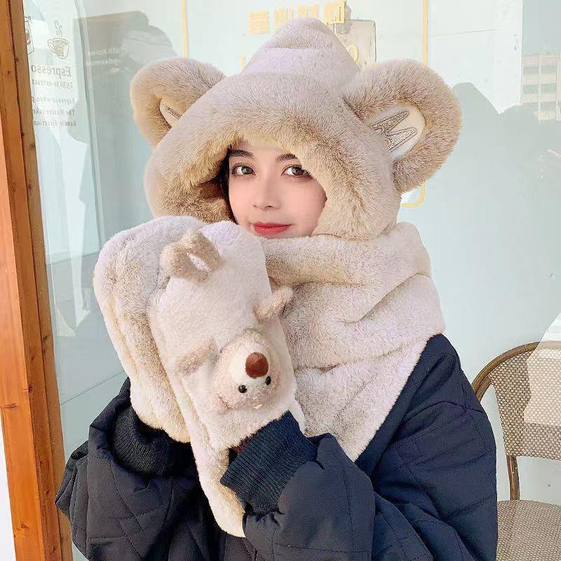 "Women's Winter Little Bear Hat, Scarf, and Gloves Set - Stylish and Warm"