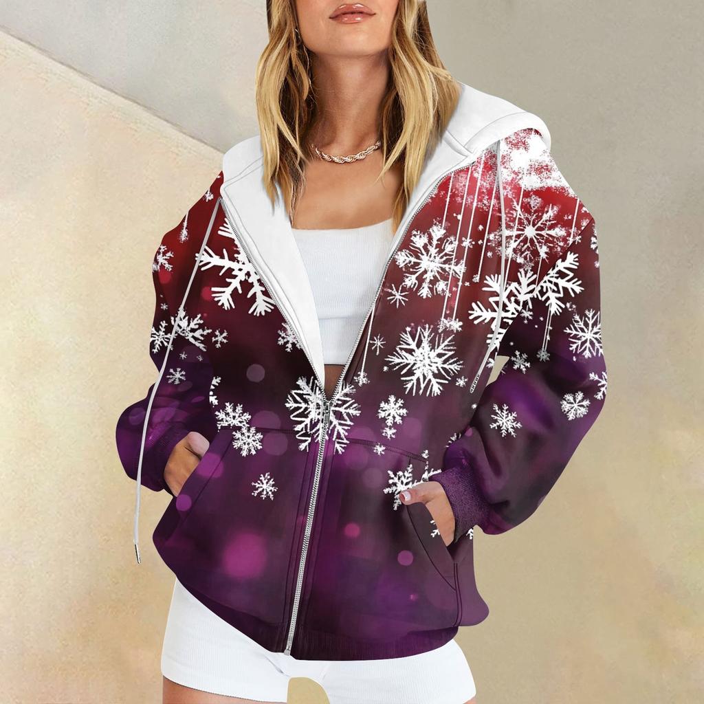 Женская мода повседневная рождественская принтовая толстовка осень-зима с длинным рукавом кардиган куртка с карманом на молнии толстовка с капюшоном куртка