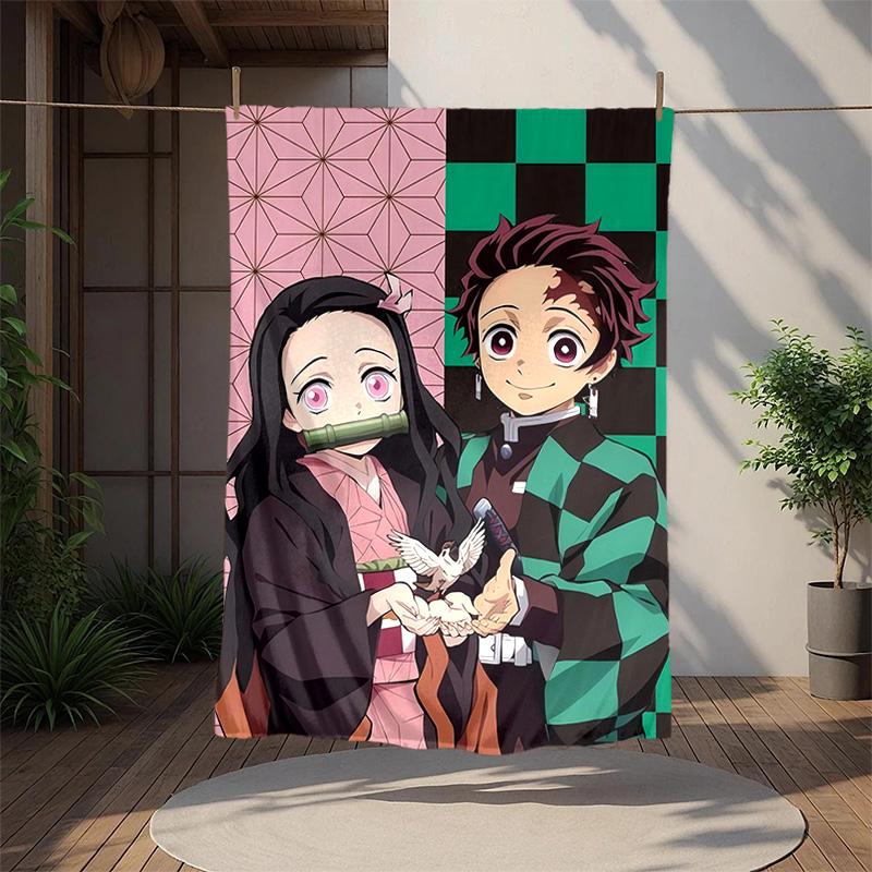 Tanjirou Nezuko Flannel Blanket Soft Warm All-Season Throw, Design for Camping, Car Travel, Hiking Sofa, Bed, Office Perfect Gift for Parties
