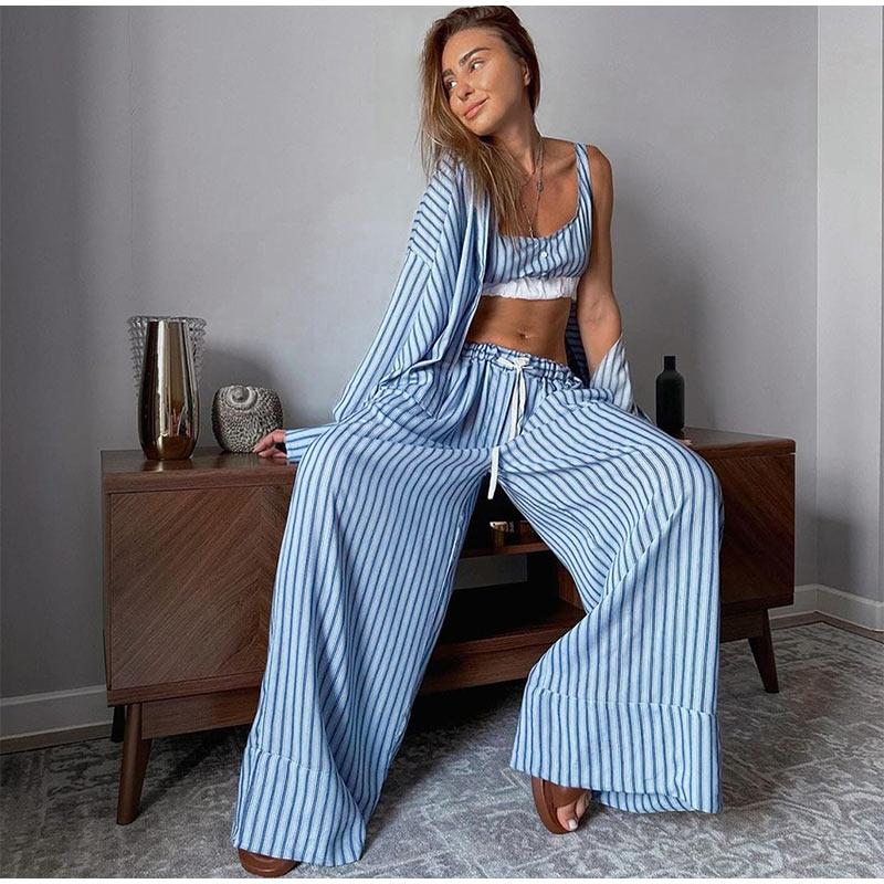 Повседневный комплект женской рубашки с полосатым лацканом, сексуальные брюки-трубы со шнуровкой и высокой талией, весенний модный элегантный женский костюм-майка в стиле пэчворк 2025 года