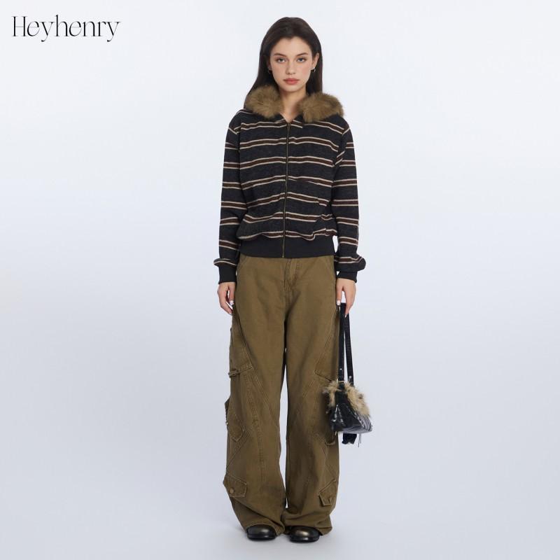 HeyHenry Womens Striped Detachable Fur Collar Short Coat Fall Winter Knit Casual Cardigan Jacket