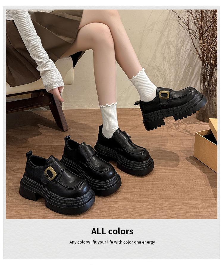 2025 British Style Super High Heel Thick Sole Heightening Metal Buckle Small Leather Shoes Thick Sole Muffin Single Shoes Spring New Women