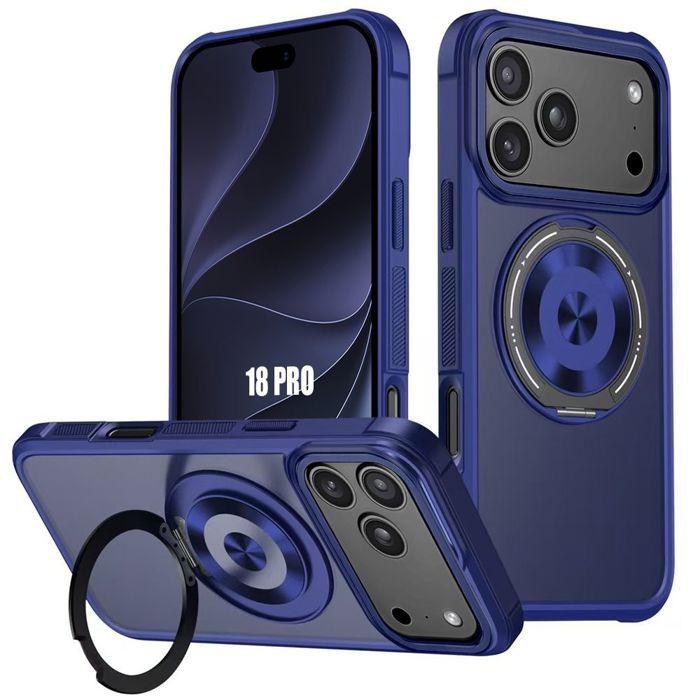 Coque pour iPhone 18 Pro, Hybride Silicone et PC avec Anneau Magnétique Rotatif - Bleu