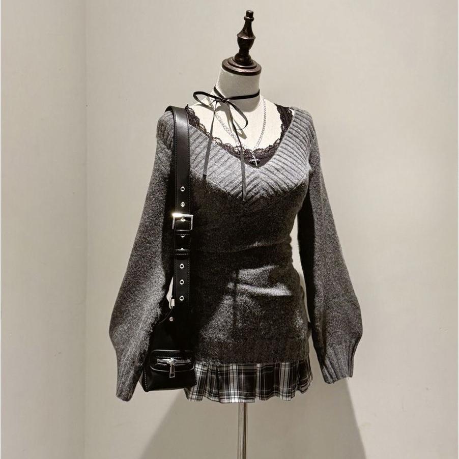 Fashion Aesthetics Women's Fall Winter Sweater Sexy Slim Fit Chic V-neck Long-sleeved Pullover Harajuku Streetwear