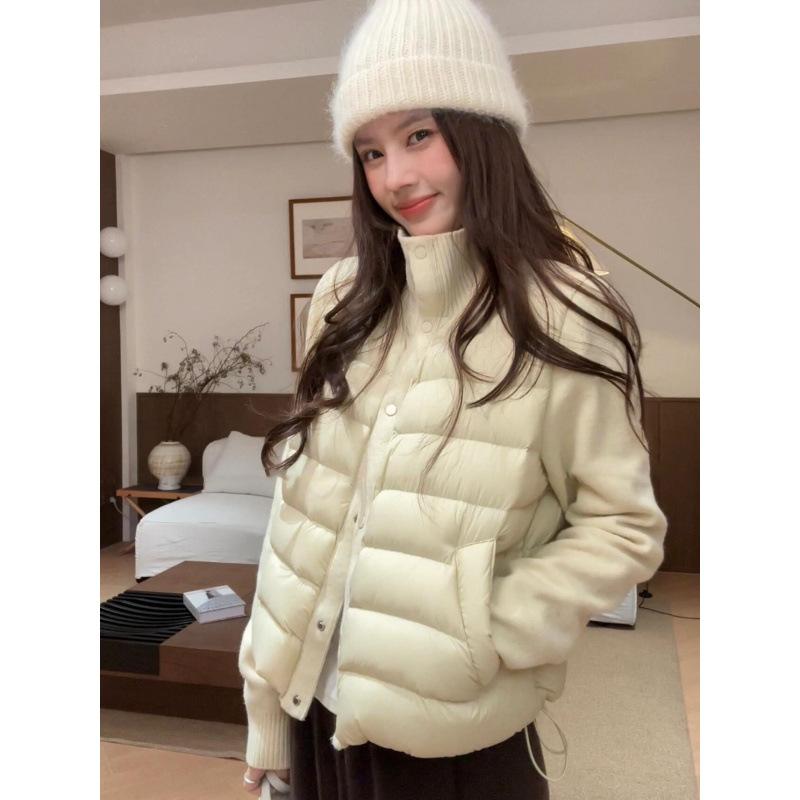 Knitted stand-up collar splicing down cotton clothes women's short winter new small light rib cotton jacket