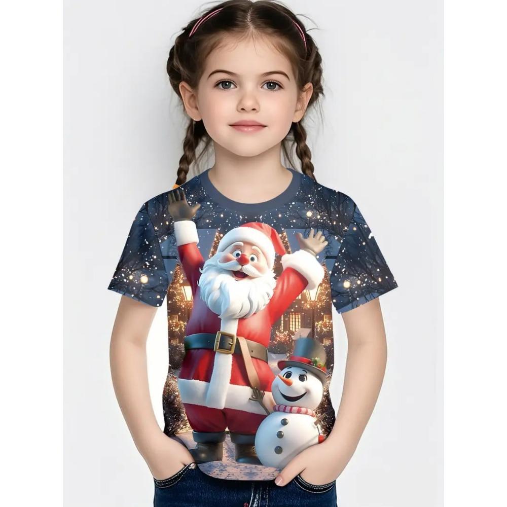 Girl T-shirt Snowman 3D Printed Girl Short sleeved T-shirt Santa Claus Boy Children's T-shirt Fashion Christmas Happy Children's Clothing