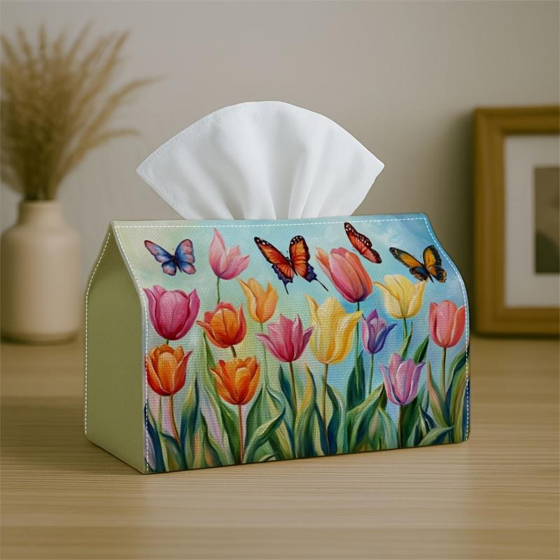 1pc Tissue Box Holder Featuring a Lively Tulip Garden Design with Butterfly Spring Colors, Made from Durable Polyester, Perfect for The Kitchen, Livin