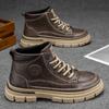 Men's High-top British Style Vintage Genuine Leather Casual Leather Shoes, Mid-top Waterproof Work Boots.