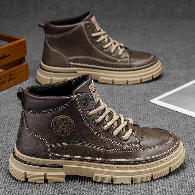 Men's High-top British Style Vintage Genuine Leather Casual Leather Shoes, Mid-top Waterproof Work Boots.