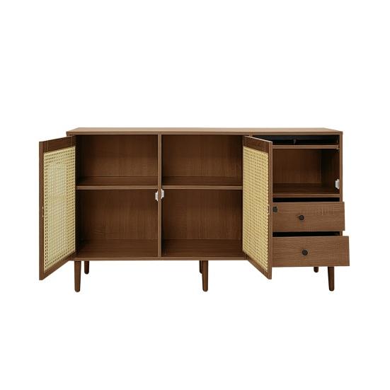 Tea Cabinet Country Style Sideboard with Rattan Doors, 130 x 75.5 Pantry 40cm Magnetic Lock, Adjustable Shelves, Sturdy Structure, Versatile