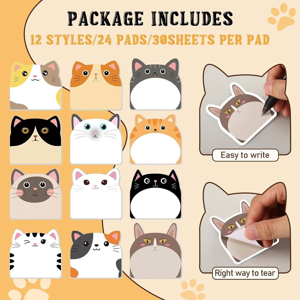 Cartoon cat sticky notes, creative, highly adhesive, cute animal, reusable, tear-off