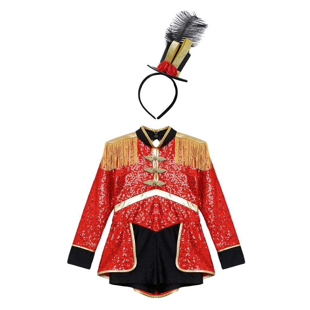 Girls Circus Drummer Costume Long Sleeve Sequined Bodysuit Fringe Epaulet Shoulder Mini Top Hat Accessory