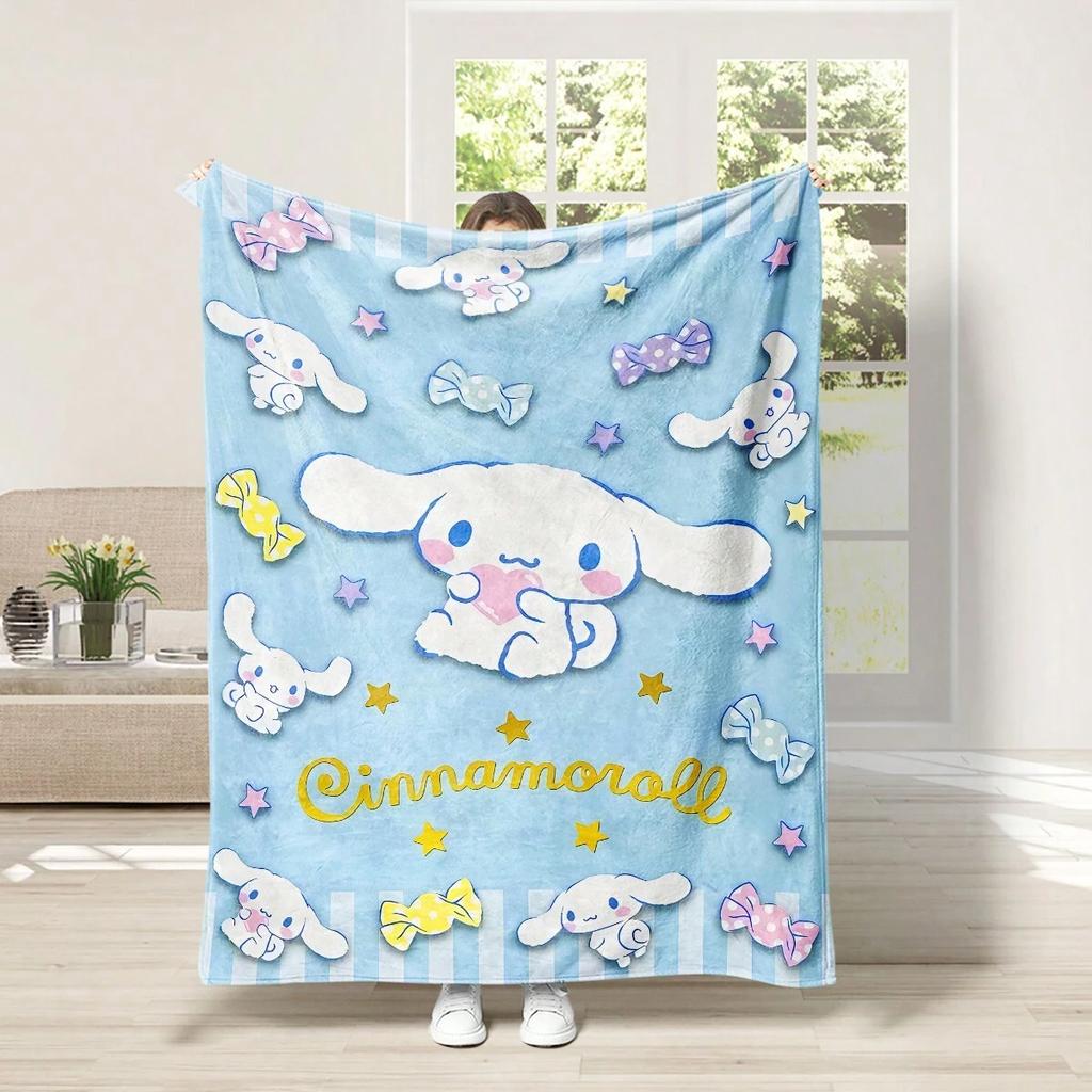1pc Sanrio Cinnamoroll Flannel Blanket - 2D Single-Sided Print, Blue Candy Star Pattern, Bedroom Living Room Camping Throw