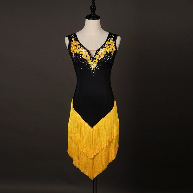 LIUHUO Fringed Latin Dance Dress Rhinestone V-Neck Performance Skirt Ballroom