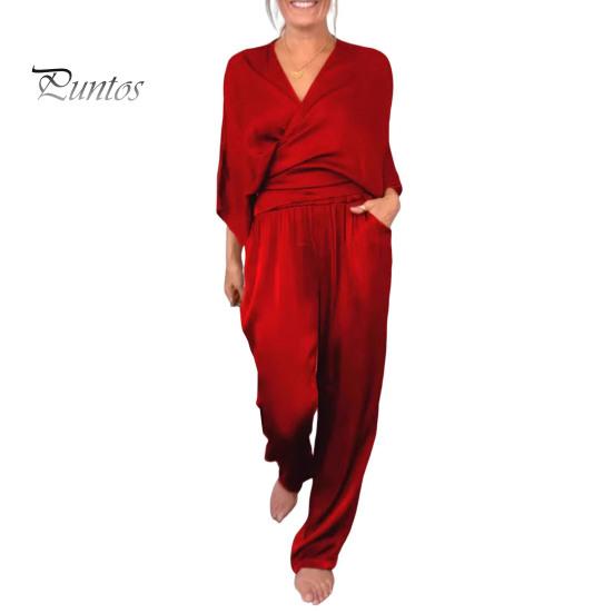 Женский комплект из 2 предметов: топ, брюки, V-образный вырез, длинные рукава, блузка с перекрещивающимися бретелями, высокая талия, плиссированные широкие брюки, формальный наряд для поездок на работу на весну и лето