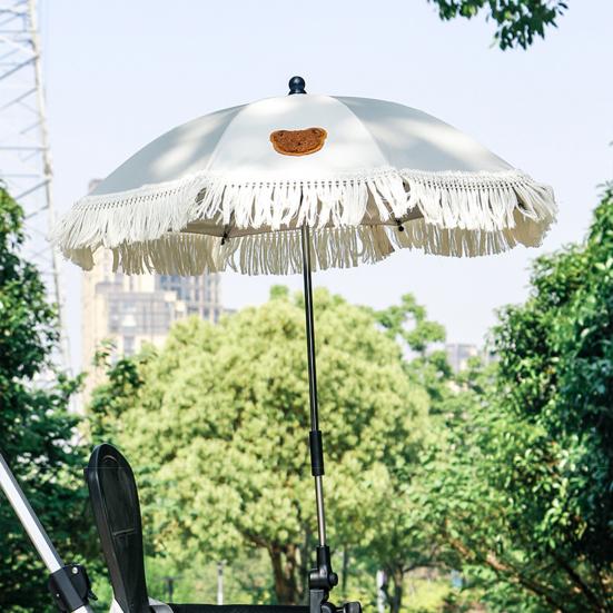 Stroller Umbrella with Tassels Clamp UPF 50+ Sun Protection Adjustable Rotary Waterproof Windproof Outdoor UV Blocking Pram Umbrella Parasol