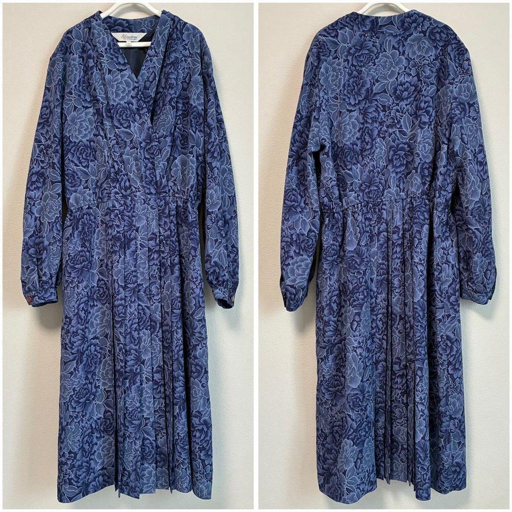 Used Vintage Showa Retro Floral Pleated Cache Coeur Dress Navy One Piece