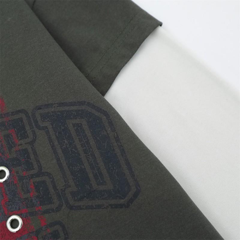 Mens Oversized Long Sleeve T-Shirt With Contrast Color Panel Distressed Letter Print Metal Ring Cutout Detail Streetwear Casual