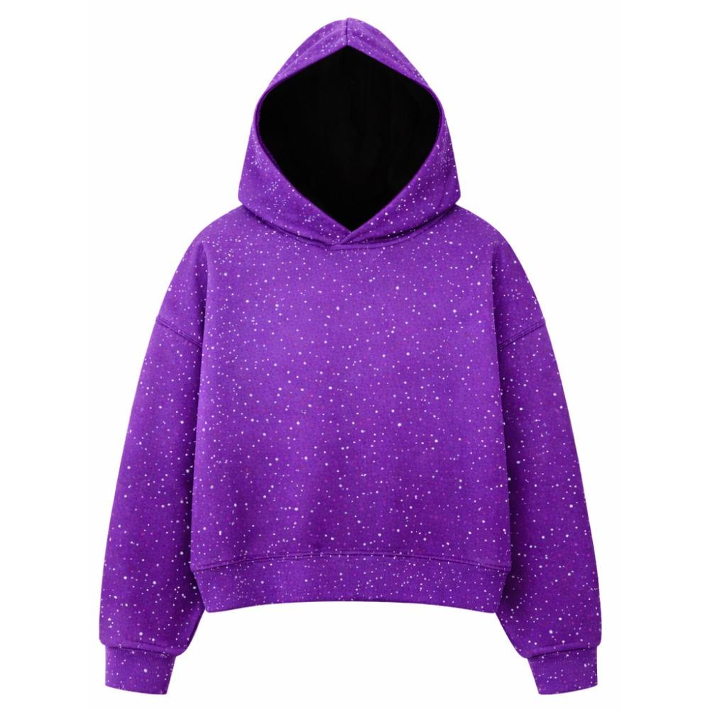 Women Rhinestone Hoodie Long Sleeve Loose Cropped Pullover Hooded Sweatshirt Casual Streetwear Top