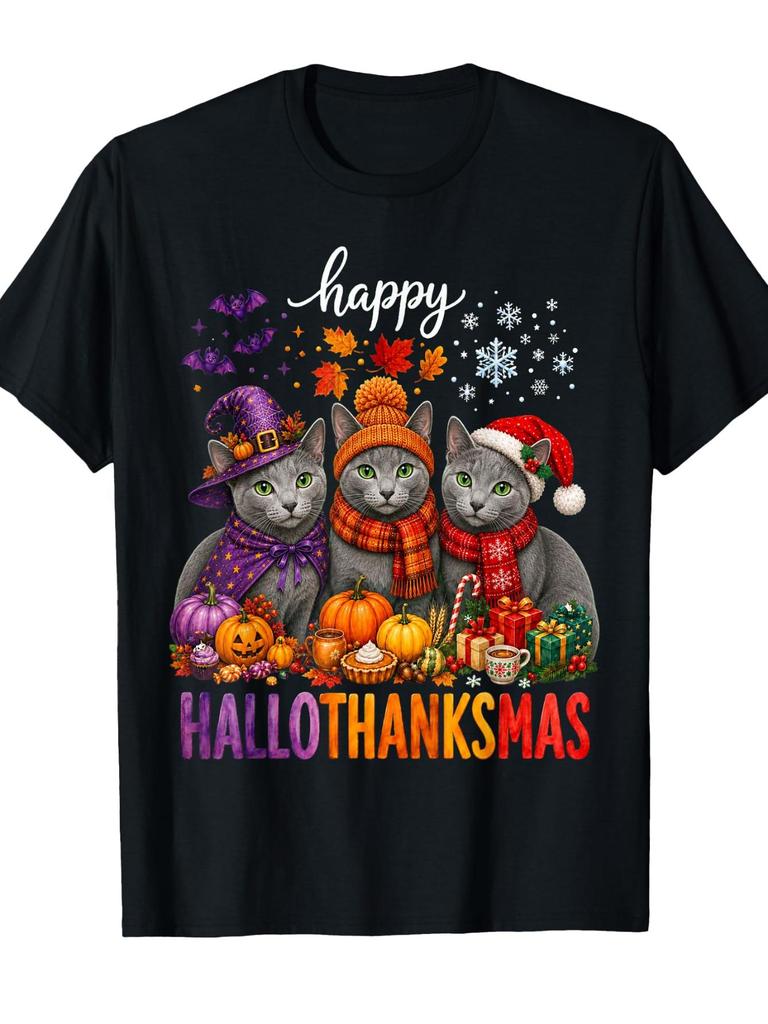 Unisex T-shirt Happy HalloThankMas Russian Blue Xmas Halloween Thanksgiving T-Shirt