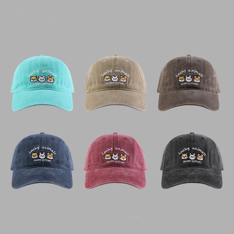 Washed retro hat women's new cartoon animal embroidered baseball cap sweet sunshade duck tongue