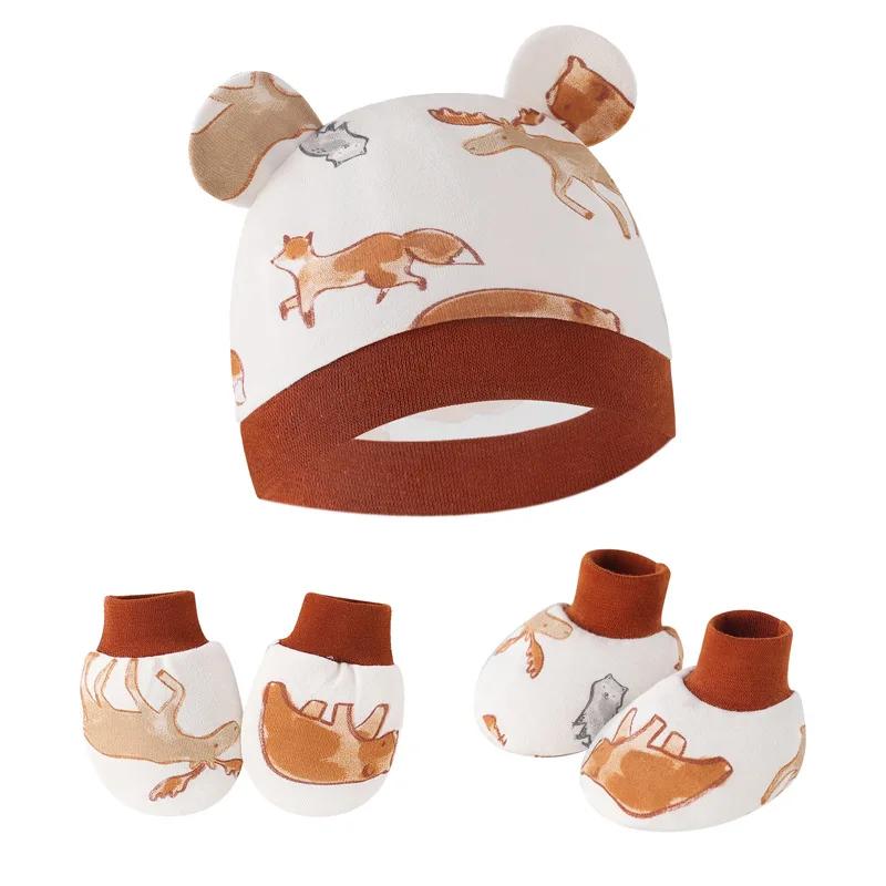 Комплект из 3 перчаток и носков для новорожденных, хлопковая детская шапочка с милым принтом в форме уха, реквизит для фотосъемки, аксессуары для младенцев, подарок на день рождения