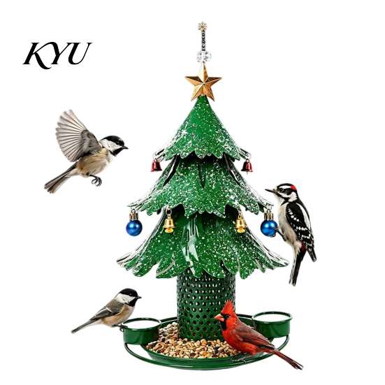 Artisan Handcrafted Bird Feeder Christmas Tree for Outdoor, Metal Hanging Wild with 2 Easy Fill Station Water Cups, Green Xmas Seeds Tray Garden Patio