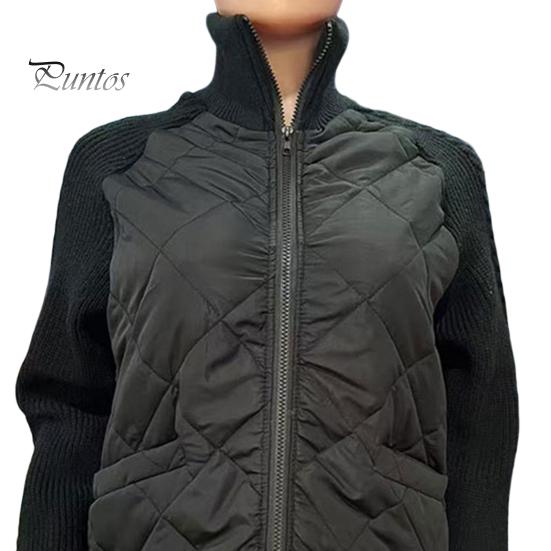 Women Winter Coat Stand Collar Neck Protection Knitted Patchwork Drawstring Hem Zipper Closure Mid Length Windproof Cotton Jacket