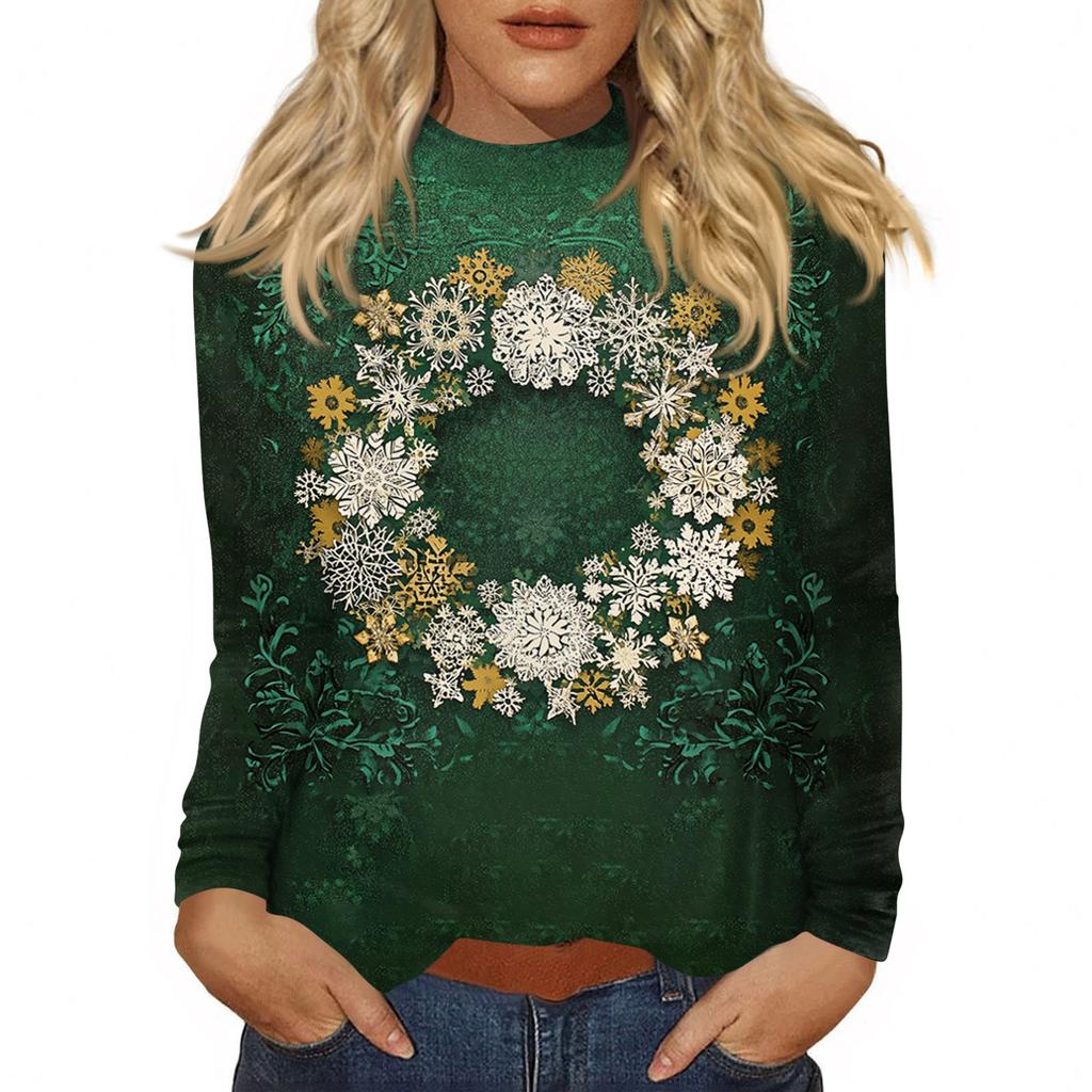 Women Fall Casual Long Sleeve Shirts Sweatshirt Vintage Printed High Neck Top Pullover