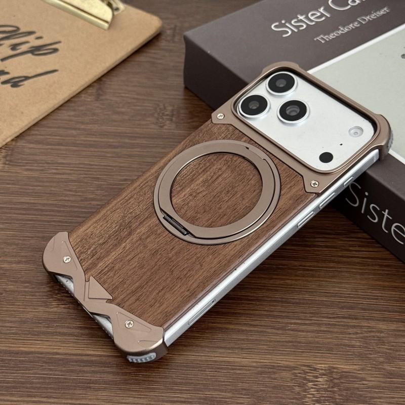 Wood Metal Phone Case IPhone 17 Pro Max 18 Magnetic Rotating Stand Shockproof