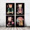Solid Wood Frame Japanese Cat Art Poster Cartoon Samurai Geisha Cat Coffee Print Wall Art Picture Retro Canvas Painting for Kids Room Home Decor