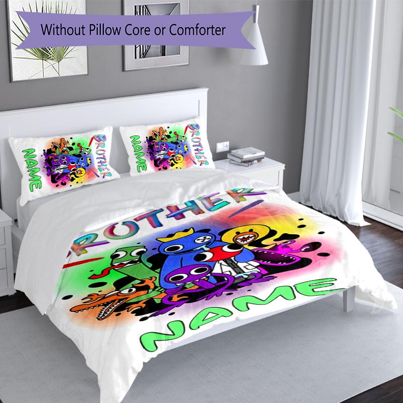 3pcs Custom Name Rainbow Friends Bedding Set,Includes 1 Duvet Cover and 2 Pillowcases,All-season Bedroom Decor