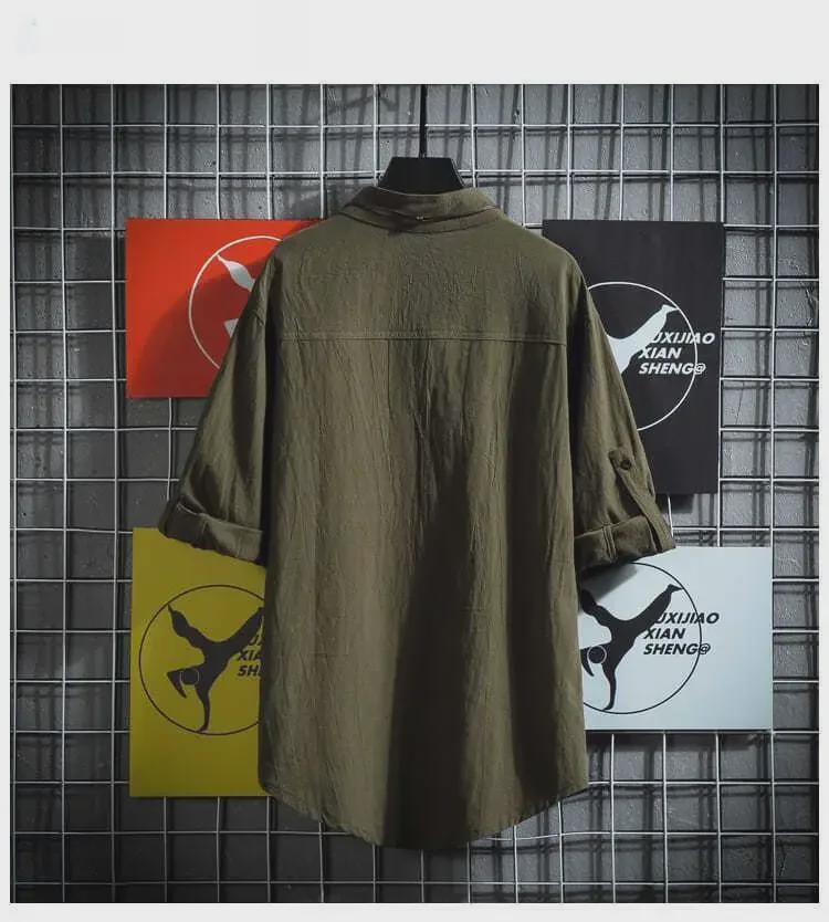 Мужская рубашка больших размеров в японском стиле с воротником-стойкой и короткими рукавами, однотонная