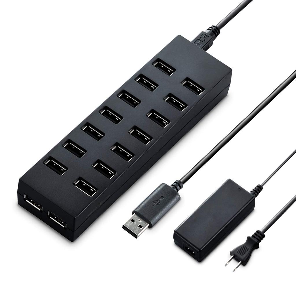 ELECOM USB 16 с AC Черный 2.0 Хаб, Порты, Адаптер, Кабель 1.5м, U2H-Z16SBK