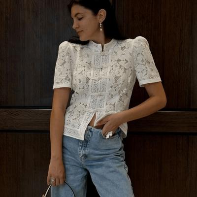 Slim Fit Lace Printed Shirts Short Puff Sleeve Women Shirt Tops Fashion Y2K Crop Top Party