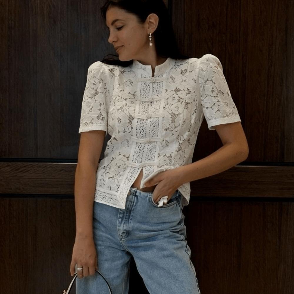 Hollowed Out Lace Printed Shirts Short Puff Sleeve Women Shirt Tops Chic Lace Blouse Party
