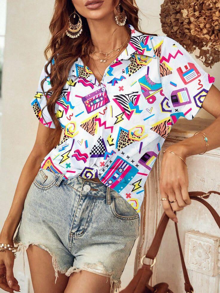 Women's Short Sleeve Cardigan Lapel Hawaiian Shirt 1D Digital Printing Casual Shirt