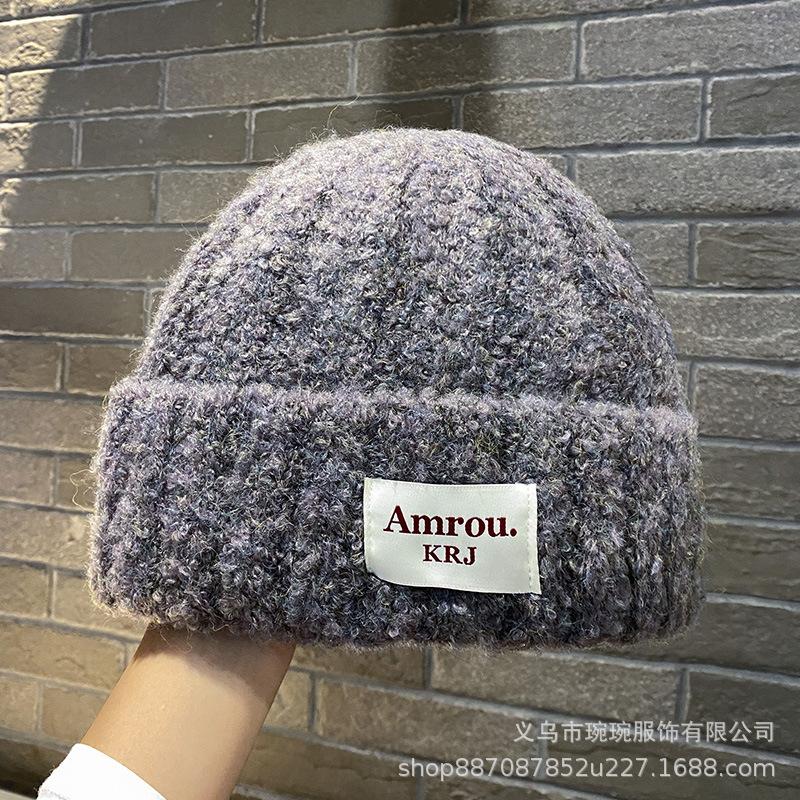 Big head circumference cloth embroidered wool hat for men and women, outdoor warm knitted hat in winter, small face pullover ear protection hat
