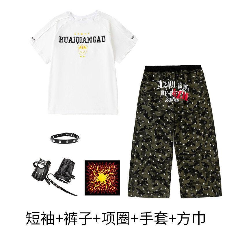 Kids Hip Hop Dance Outfit Set Boy Girl Loose Streetwear Performance Costume Cotton Short Sleeve Top Camo Pants