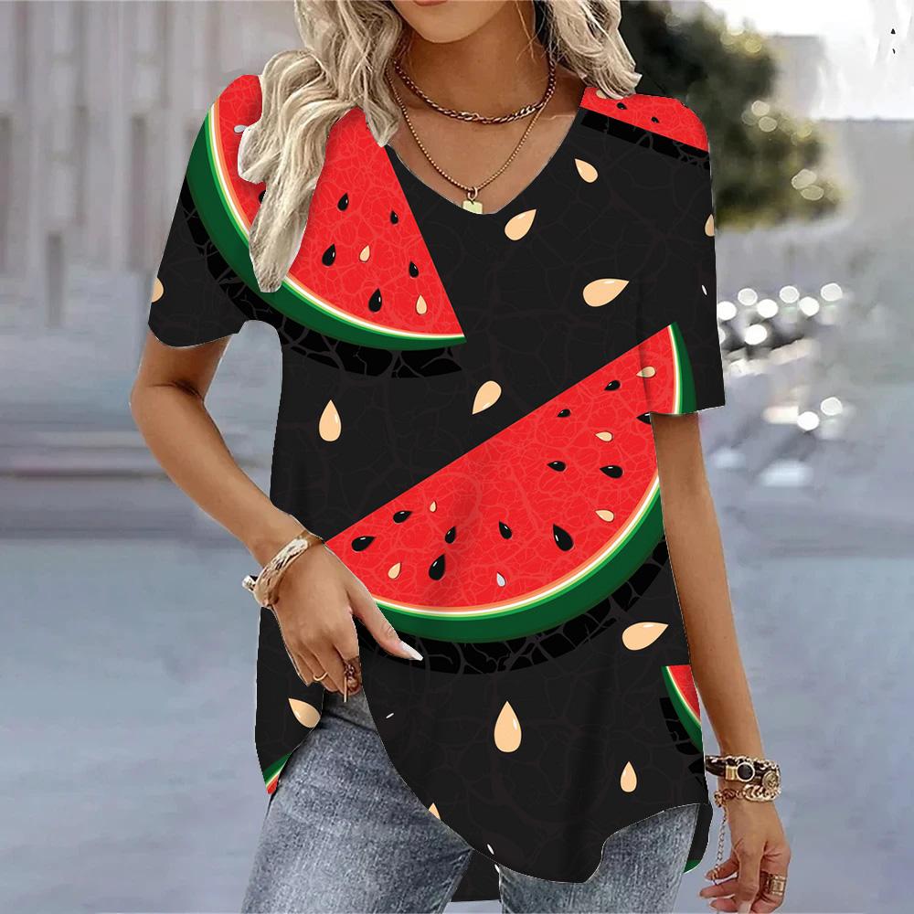 Женские футболки с v-образным вырезом и 3D принтом арбуза, летние крутые топы с короткими рукавами, модные повседневные свободные пуловеры, женские футболки