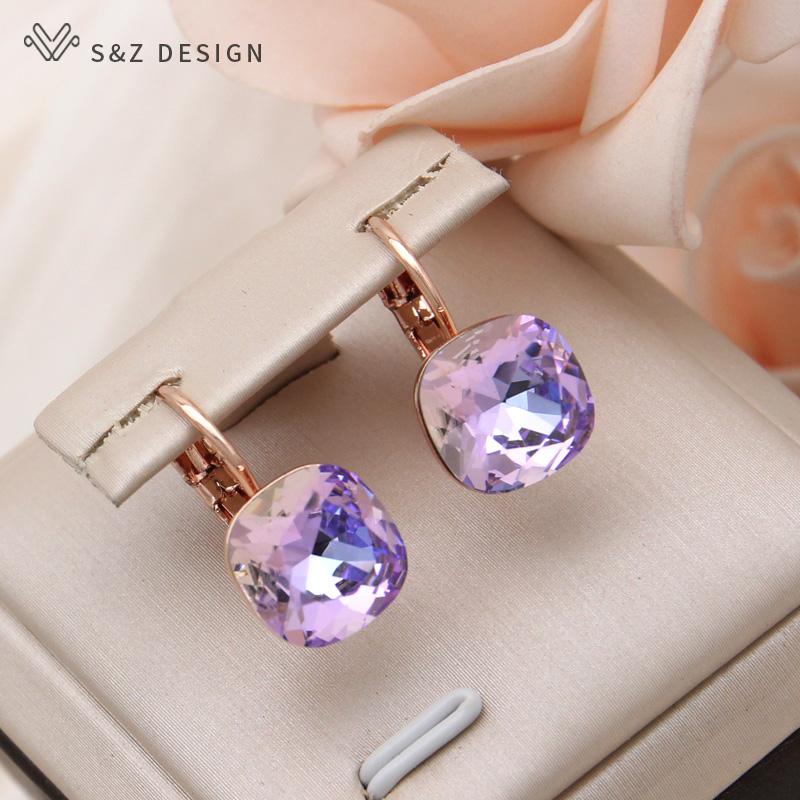 Fashion Square Colorful Crystal Drop Earrings For Women Wedding Rose Gold Color Jewelry Eardrop