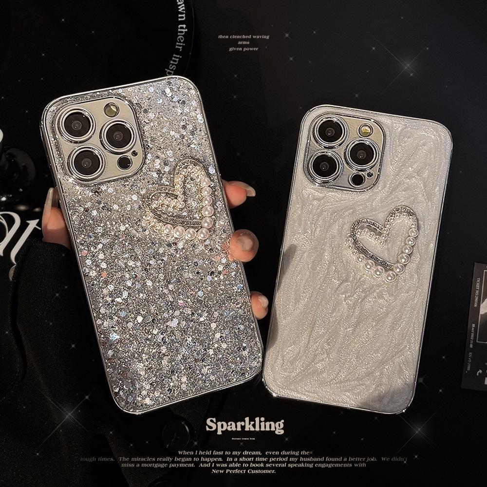 Glitter Pink Three Dimensional Pearl Love IPhone 14 Mobile Case 13 Apple 16 ProMax Glue 11 Glitter Powder 15 Applicable