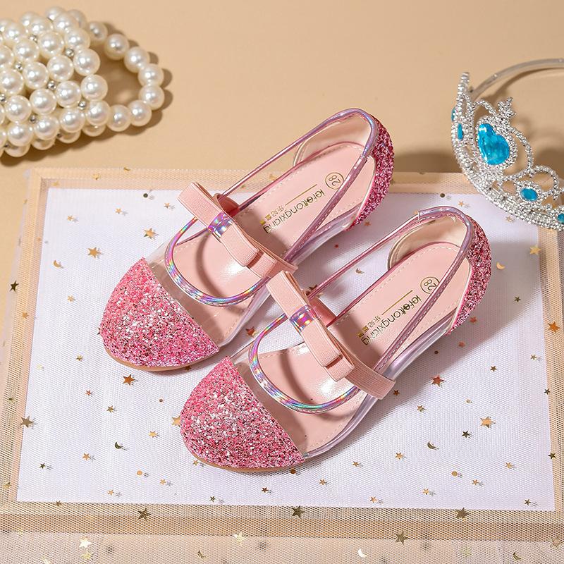New girls' high-heeled leather shoes, children's shoes for performances and fashion shows, soft-soled flats, preppy style, elegant princess shoes