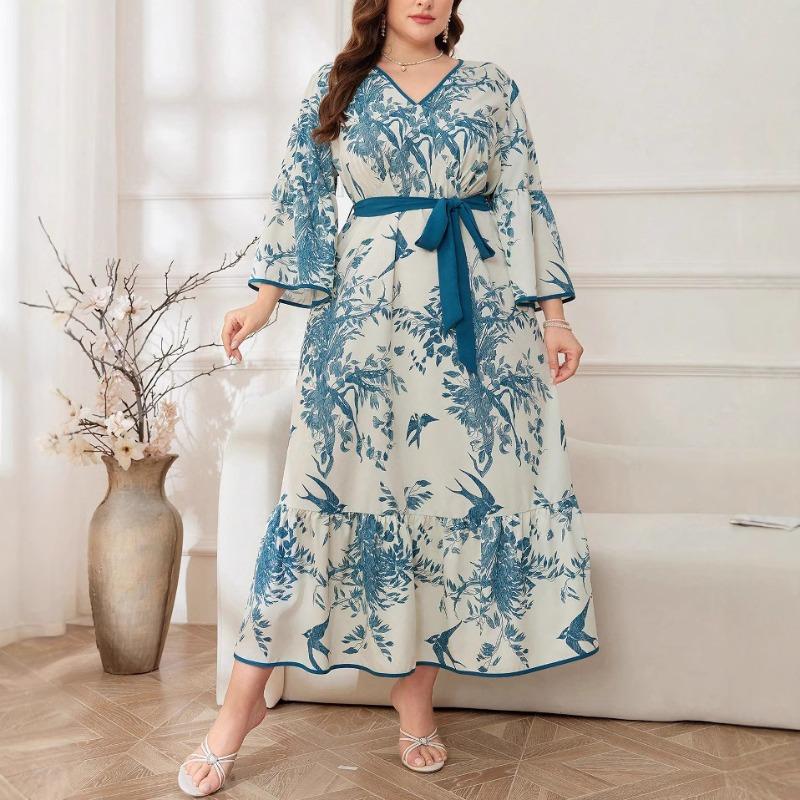 Плюс Размер Женщин Осень Новая Мода Принт Темперамент Пригородный V-образный вырез Swing Средней Длины Платье