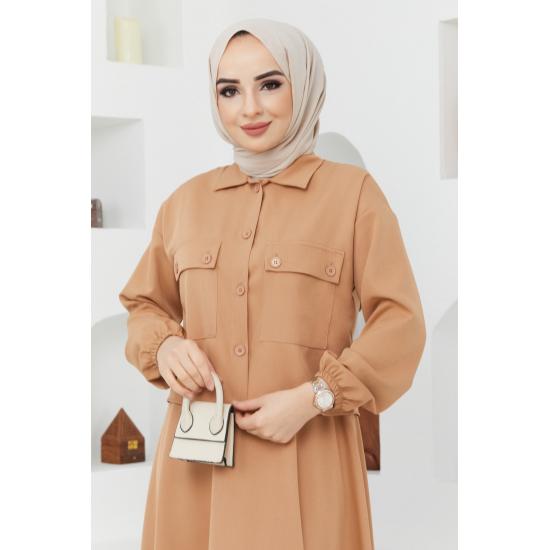 Женский хиджаб с карманом на пуговицах и эластичной расклешенной юбкой с манжетами