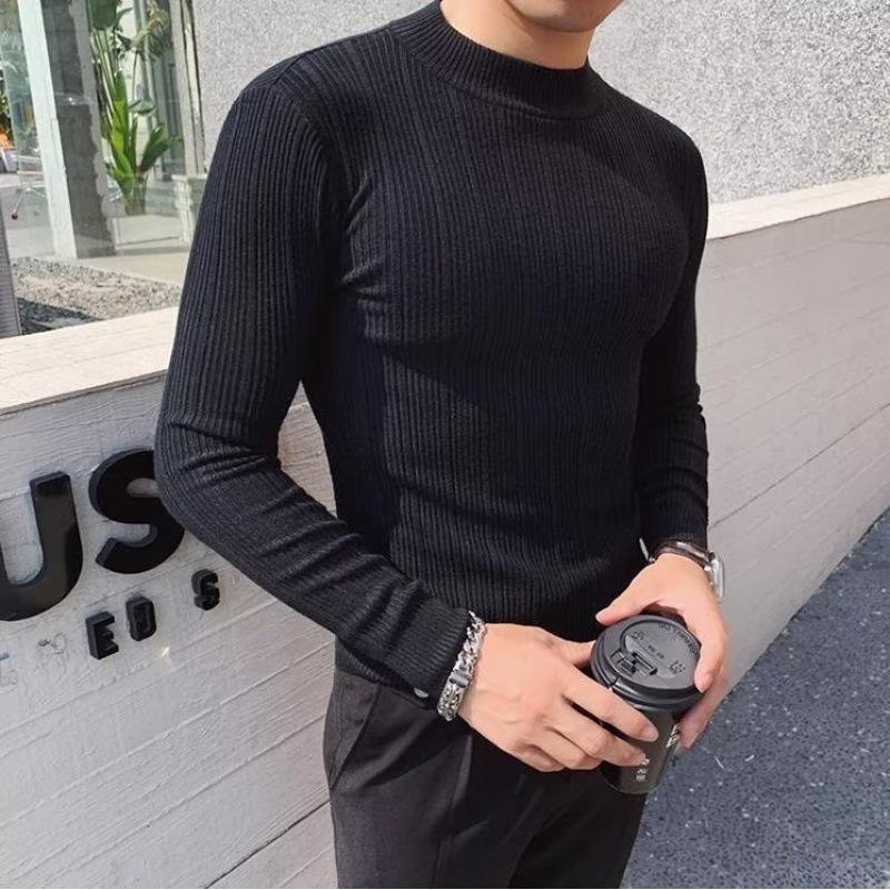 Мужской облегающий трикотажный свитер с длинным рукавом и полуводолазкой