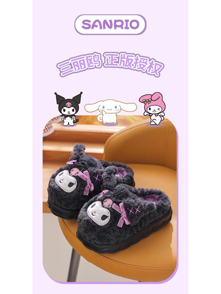 Зимние пушистые хлопковые тапочки Sanrio для девочек – Теплая домашняя обувь с мультяшным дизайном и толстой подошвой, доступна в размерах для родителей и детей.