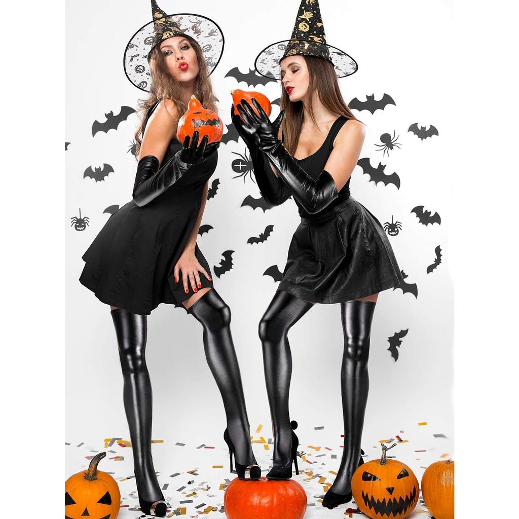 Women's Carnival Halloween Costume | Elastic Spandex, Shiny Wet Long Gloves, Thigh High Stockings