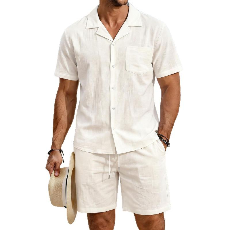 Men S Casual Cotton Short Sleeve Shirt And Short Pants Set