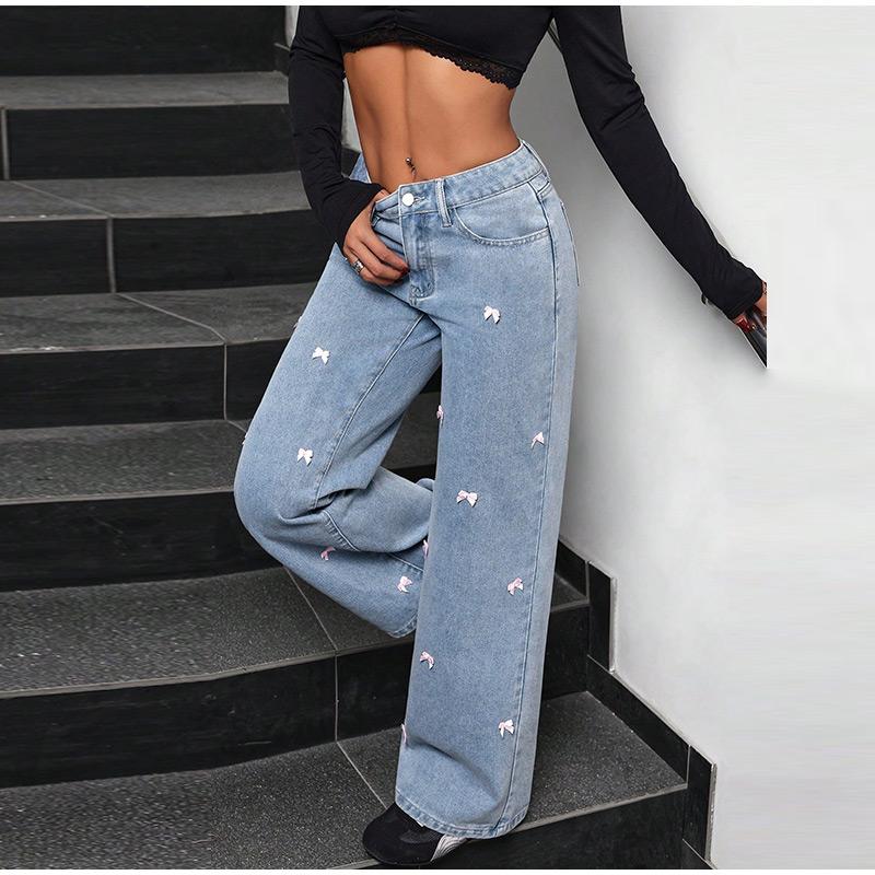 Light Blue Straight Leg Bow Jeans Women's High Waist Spring New Loose Drapey Wide Leg Denim Pants Casual Cotton Stretch